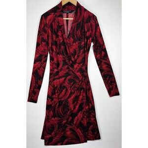 Norma Kamali Dress Womens Medium Red Black Feather Print Long Sleeve Wrap Style